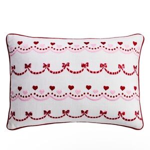 Valentine's Hearts & Bows Embroidered Cotton Throw Pillow, 14x20